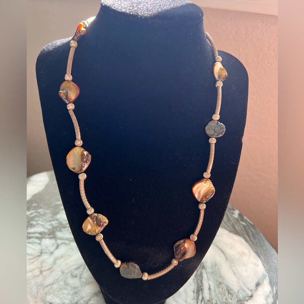 Abalone Shell Beaded Necklace | Silver-Tone Stations | 21”